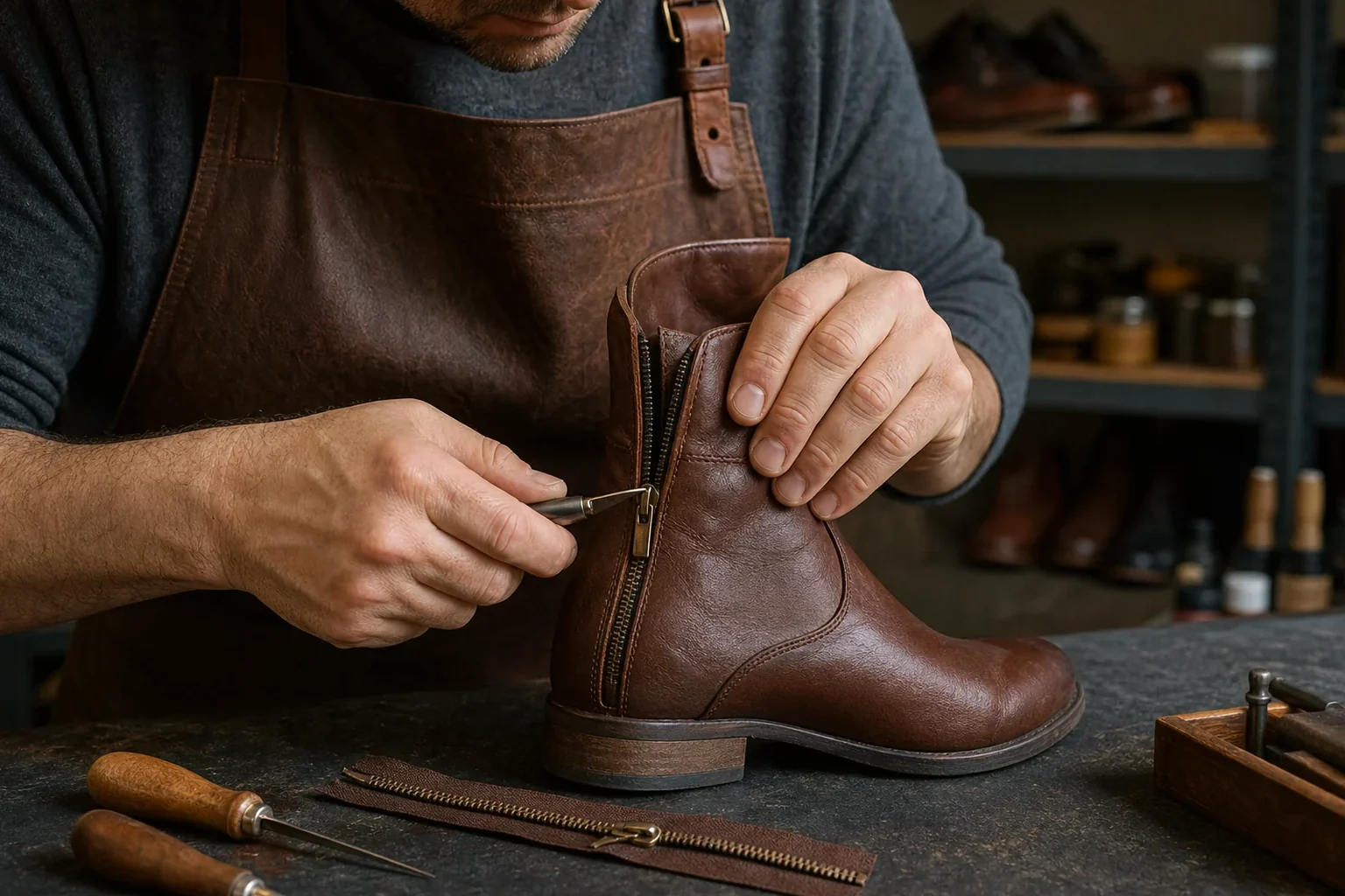Profissional ajustando zíper de bota, utilizando ferramentas específicas.